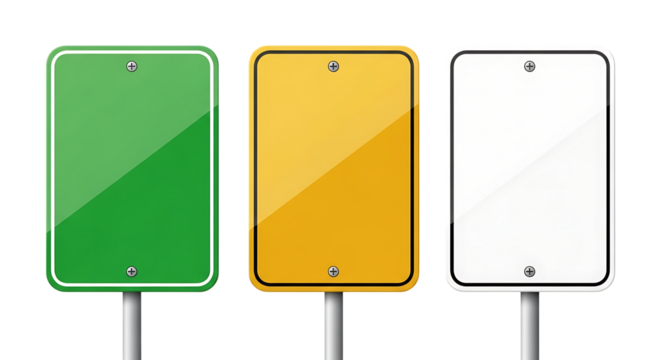 Three blank rectangular traffic sign mockup isolated on transparent background
