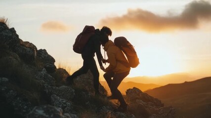 This footage captures two friends working together to conquer a mountain. It emphasizes teamwork and friendship in nature. Perfect for outdoor and adventure projects. Generative AI