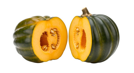 Halved acorn squash showing seeds isolated on transparent background