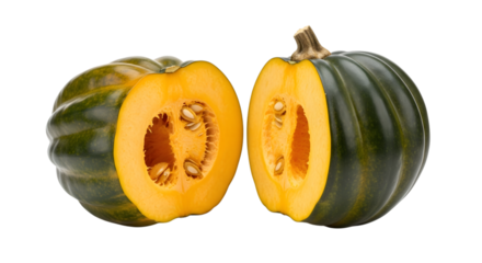 Halved acorn squash showing seeds isolated on transparent background