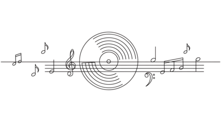 Black and white line art of music notes and vinyl record isolated on transparent background