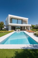 Fototapeta premium A contemporary villa featuring a stunning swimming pool is nestled amidst vibrant lush greenery, all basking in the warm sunlight of a beautiful day in a tranquil residential neighborhood