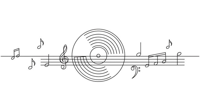 Black and white line art of music notes and vinyl record isolated on transparent background