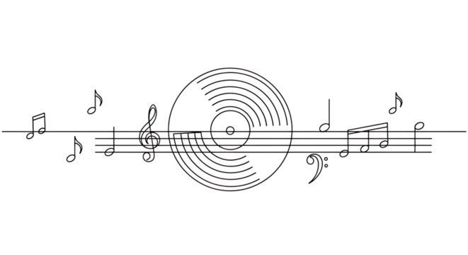 Black and white line art of music notes and vinyl record isolated on transparent background