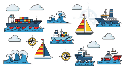 Set of cartoon maritime transport icons including ship, boat, and wave isolated on transparent background