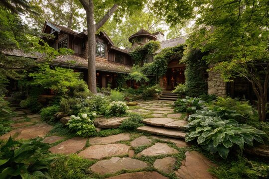 Charming rustic house surrounded by lush greenery and natural stone pathways invites tranquility in a serene forest setting