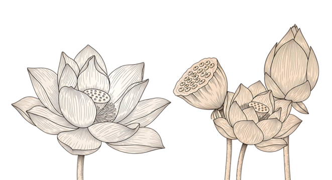 Vintage sketch of two lotus flowers and seed pod isolated on transparent background - Powered by Adobe