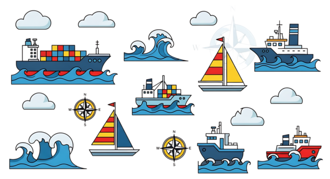 Set of cartoon maritime transport icons including ship, boat, and wave isolated on transparent background