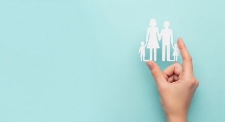Family Life Insurance and Protection Concept: Female hand holding white paper cut family silhouette on blue background web banner with copyspace