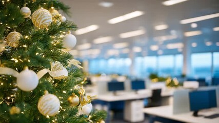 Office Christmas tree close-up, focus on shiny balls, ribbons, and twinkling lights, blurred corporate workspace behind, sunlight reflecting off decorations