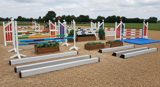 Colorful Show Jumping Obstacles Set Up on an Outdoor Equestrian Arena
A horizontal, outdoor shot showcasing a complete set of equestrian show jumping obstacles arranged on a prepared sand or gravel 