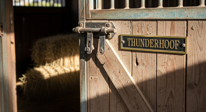 Rustic Wooden Stable Door with 'Thunderhoof' Nameplate and Bolt Latch
A close-up, horizontal detail shot focusing on the rustic wooden door of a horse stall - Powered by Adobe