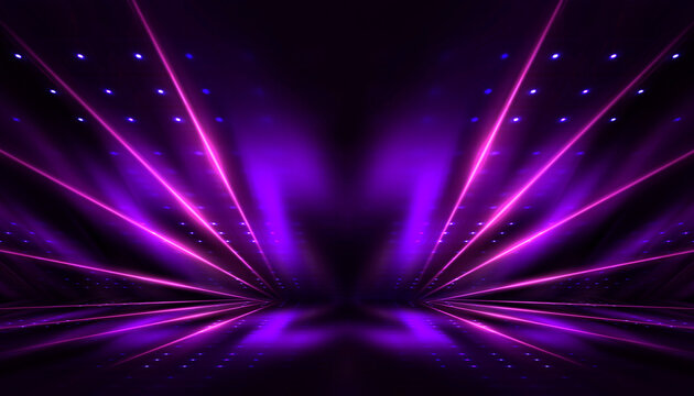 Background of empty room with spotlights and lights, abstract purple background with neon glow