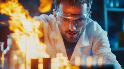 Scientist wearing protective goggles observing chemical reaction flames beaker active lab experiment scene chemistry discovery moment