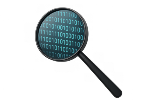 Magnifying glass analyzing binary code, inspecting digital data, researching information, cybersecurity threat detection on transparent background