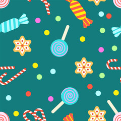 Christmas sweets, lollipops, candy, cookies on a petrol background. Vector illustration for wrapping paper, notebook cover, textile. Seamless pattern.