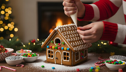 Christmas gingerbread house with candy decorations and christmas tree