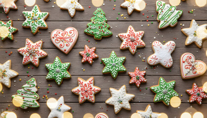 christmas gingerbread cookies on wooden table with holiday decorations