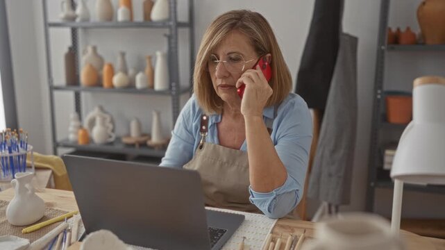 Woman wearing a pottery apron holds red phone to ear and types on laptop in pottery studio; determined focus.