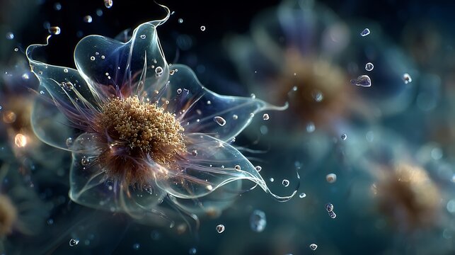 Soft focus image of bio luminescent organic shapes floating water dreamy underwater biotechnology concept