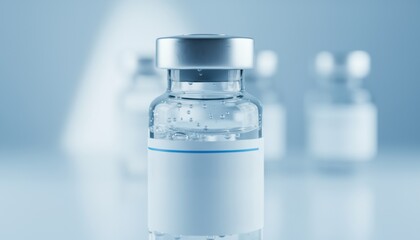 Closeup of sterile vaccine vial with blank label in modern laboratory symbolizing healthcare innovation immunization and medical research today