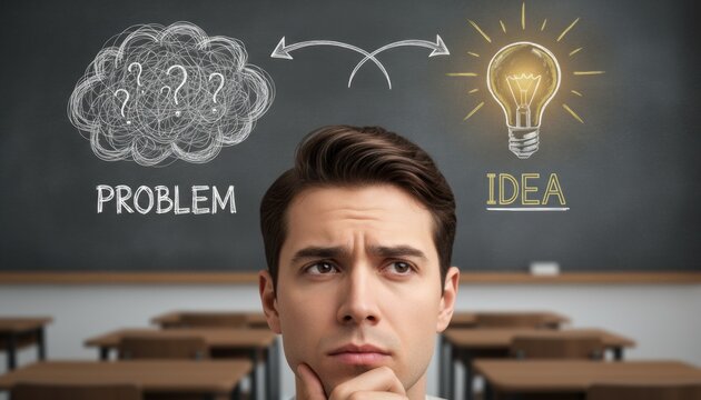 Student in classroom contemplating solution as problem cloud and glowing idea lightbulb on chalkboard symbolize creativity critical thinking and learning