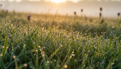 Dew covered grass at sunrise in misty meadow evoking fresh start mindfulness eco tourism and early spring morning in northern europe countryside