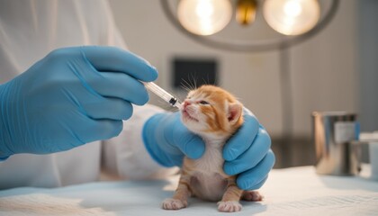 Tiny ginger kitten receiving gentle syringe feeding from vet in clinic, concept of animal rescue, neonatal care and compassionate veterinary medicine