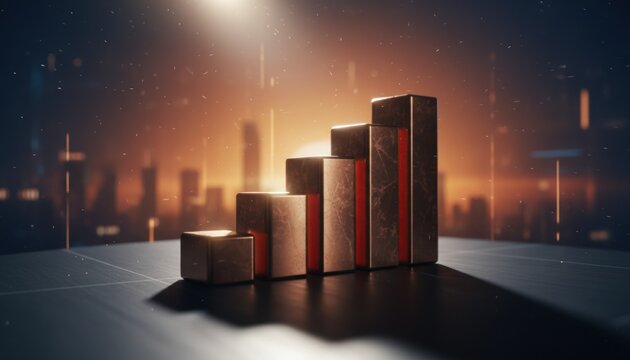 Abstract metal bar chart glowing against futuristic city skyline visualising business growth fintech performance data analytics and optimistic market outlook