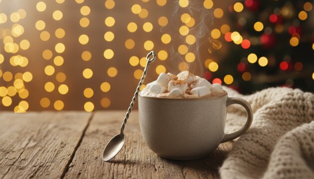 Steaming mug of hot chocolate with marshmallow and cinnamon on rustic wood table, cozy winter evening mood for christmas or new year season