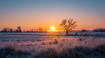 Peaceful sunrise over frost-covered fields still, glowing, silent.