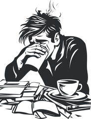 Vector illustration of a stressed man sitting at a cluttered desk with coffee, books, and paperwork, conveying themes of anxiety and productivity.