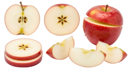 Fresh red apple, halved, quartered, and thinly sliced, displaying high detail and vibrant natural color, isolated on a clean transparent background