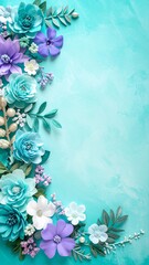 Vibrant Turquoise and Lavender Dimensional Flowers Corner Frame on Textured Aqua Background.