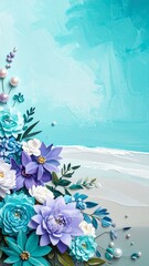 Luxurious Aqua & Lavender 3D Floral Art Background | Textured Impasto Beach Scene Wallpaper