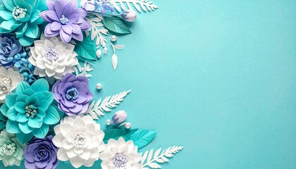 Elegant 3D Paper Flowers Border in Teal, Lavender, and White on Cyan Background for Invitation Copy Space.