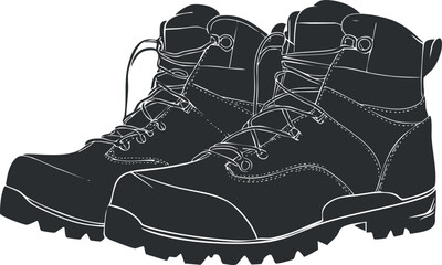 Stylish black and white vector illustration of rugged hiking boots suitable for outdoor adventure designs and gear branding