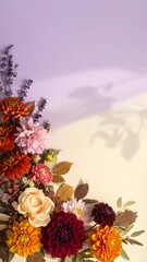 Elegant Autumn Floral Corner Border with Dahlias, Roses, and Lavender on Lilac and Cream Background