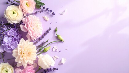 Luxury Pastel Flowers Border on Lilac Background with Copy Space. Ranunculus, Dahlia, and Lavender Flat Lay for Spring D