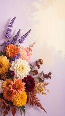 Elegant Fall Floral Border: Burgundy Dahlias, Orange Blooms & Purple Lavender on Soft Gradient Background.