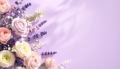 Spring Floral Flat Lay Border: Soft Pink Roses, Lavender, and Ranunculus on a Lilac Background with Sunlight Shadows