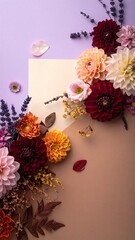 Sophisticated Floral Flat Lay Border with Dahlias, Lavender, and Autumnal Palette on Lilac and Taupe Color Block