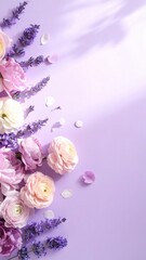 Vertical Ranunculus and Lavender Flat Lay Background in Purple and Pink Pastels with Sunlight Shadows and Copy Space