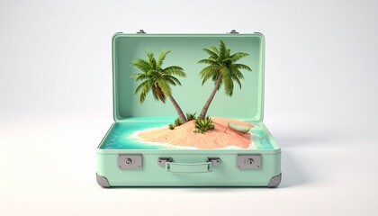 Dream Travel Concept: Miniature Desert Island and Palm Trees Inside an Open Mint Suitcase on White.
