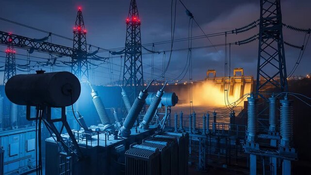 Power substation illuminated by glowing arcs and warning signals