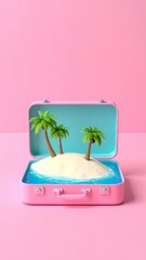 Portable Paradise: Miniature Tropical Island with Palm Trees and Blue Ocean Inside Pink Suitcase, Surreal 3D Summer Trav