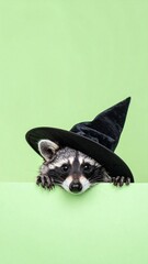 Cute Raccoon Wizard in Witch Hat Peeking Over Mint Green Banner | Halloween Animal with Vertical Copy Space