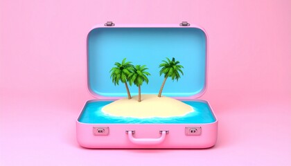Portable Paradise: Pink Suitcase with Miniature Island and Palm Trees. Surreal Pastel 3D Travel Concept.