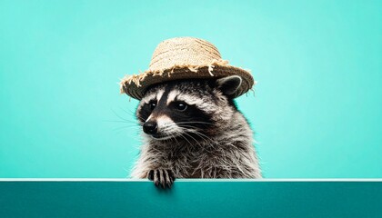 Cute Raccoon in a Summer Straw Hat Peeking Against a Vibrant Teal and Turquoise Background.