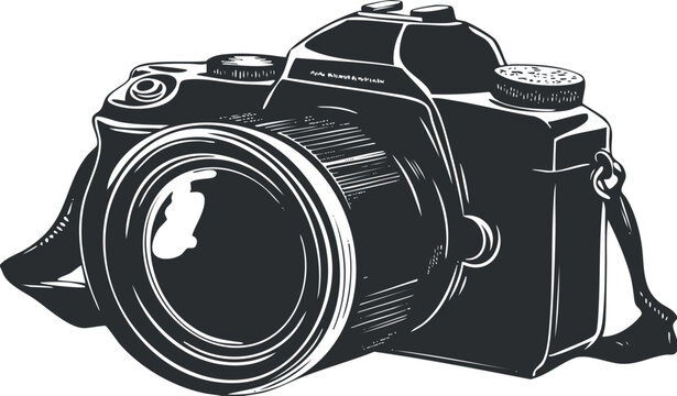 Stylized black and white vector illustration of a vintage camera design suitable for photography and creative projects - Powered by Adobe